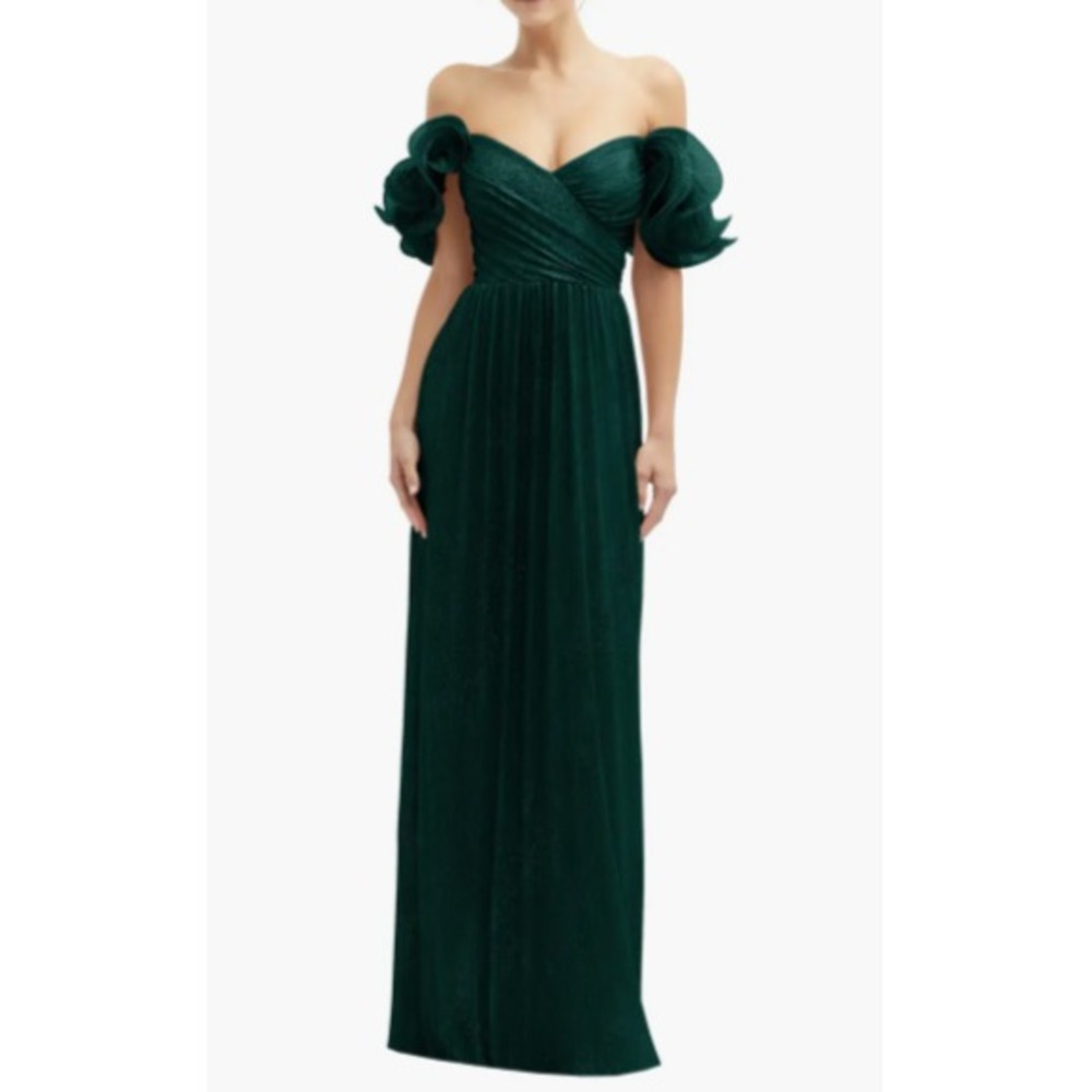 After Six Women's Evergreen Ruffle Off the Shoulder Metallic Column Gown XS NWT